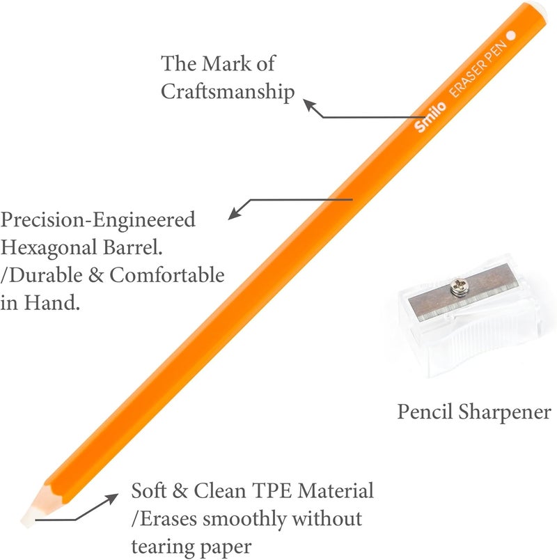 Smilo Eraser Pencils, 10-Pack Orange Artist Pencils with Sharpener, Fine Detail Eraser for Sketching, Charcoal & Colored Pencil Drawings, Perfect for Artists, Beginners and Students - Image 2